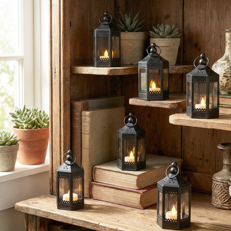 VELA LANTERNS 6pc Mini Small 4.5 Inch Metal Moroccan Lanterns Decorative Candle Tealight Holders for Centerpieces, Ramadan, Home Decor, Weddings, Black - Image 3